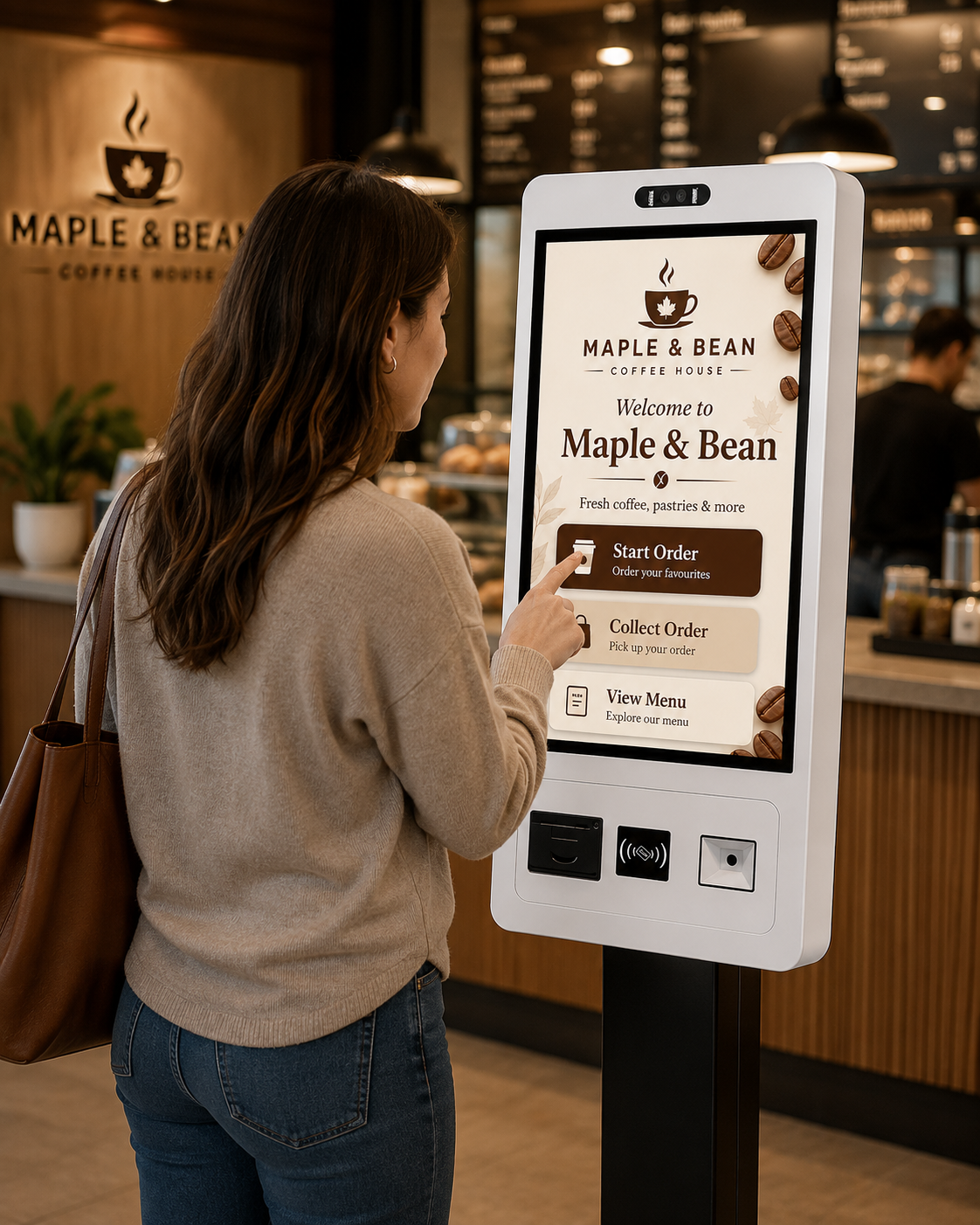 Customer using a Maple and Bean self-service kiosk